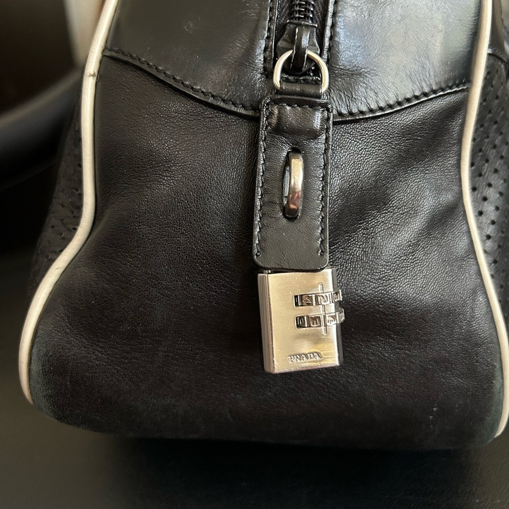 Rare vintage PRADA 'Vitello Drive' Black Leather Bowling Bag modeled by Gisele - Picture 9 of 16